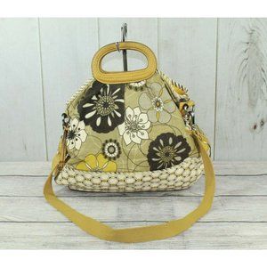 Fossil Satchel Yellow Leather Canvas Floral Double Handle Crossbody Bag